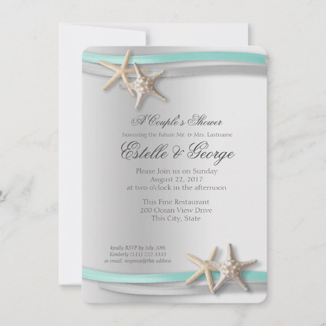 Silver Starfish and Ribbon Couple's Shower Invitation (Front)