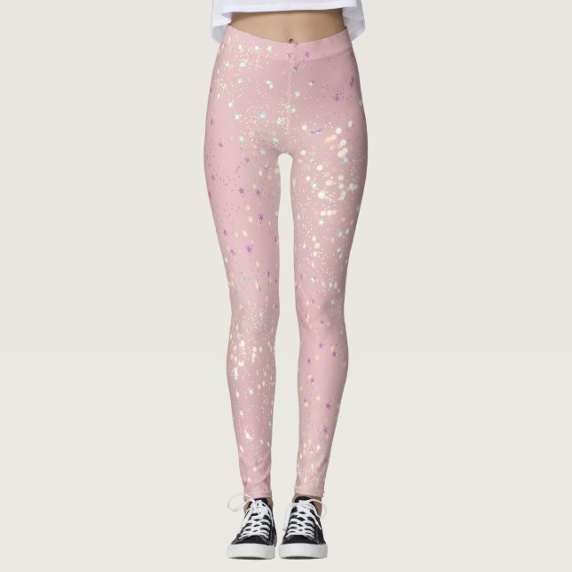 Silver Stars Aesthetic Glitter Pink Background Leggings (Front)