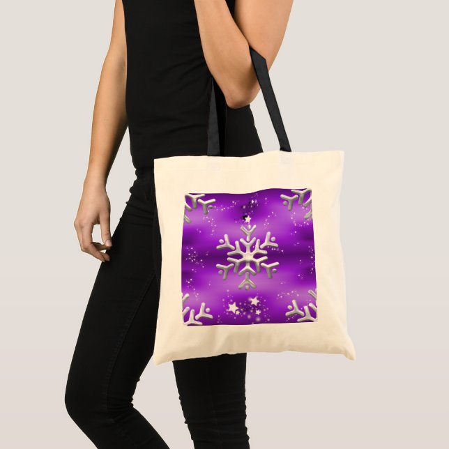 Silver Stars and Snowflakes Purple Christmas Tote Bag (Front (Product))