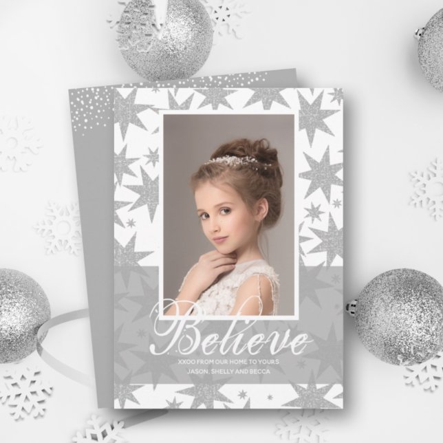 Silver Stars Believe Christmas Photo Holiday Card (Creator Uploaded)