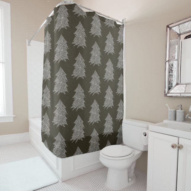 Silver Stars Black Christmas Tree Shower Curtains (In Situ)