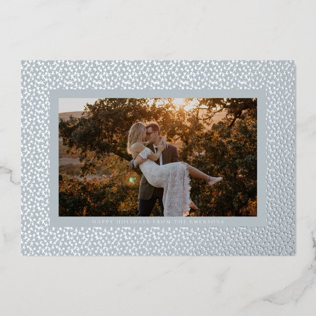 Silver Stars Blue Boho Photo Foil Holiday Card (Front)