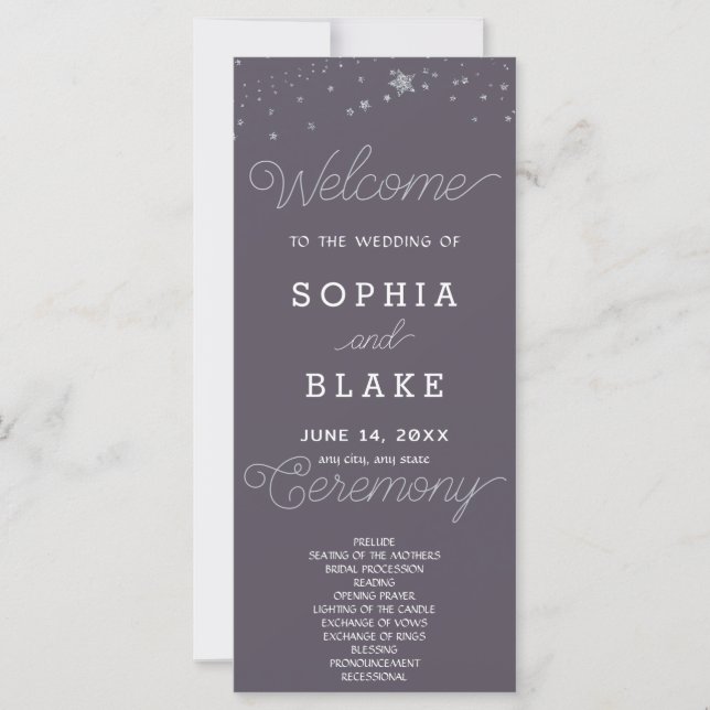 Silver Stars Celestial Smoke Grey Wedding Program (Front)