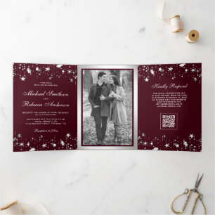 Silver Stars Confetti Burgundy QR Code Wedding Tri-Fold Invitation