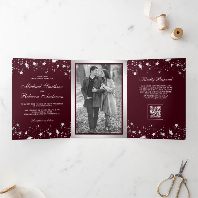 Silver Stars Confetti Burgundy QR Code Wedding Tri-Fold Invitation (Inside)