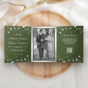 Silver Stars Confetti Olive Green QR Code Wedding Tri-Fold Invitation
