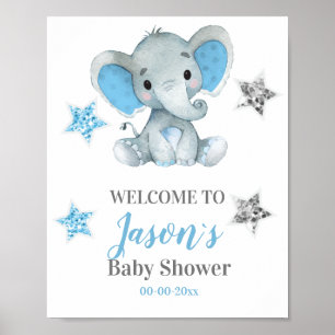 Silver stars Elephant Welcome Sign, Boy Shower Poster