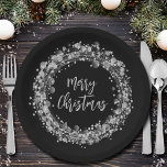 Silver Stars Merry Christmas Paper Plate<br><div class="desc">Twinkling silver stars,  circles and dots surround the words "Merry Christmas" on black holiday paper plates. MATCHING items in our store.</div>