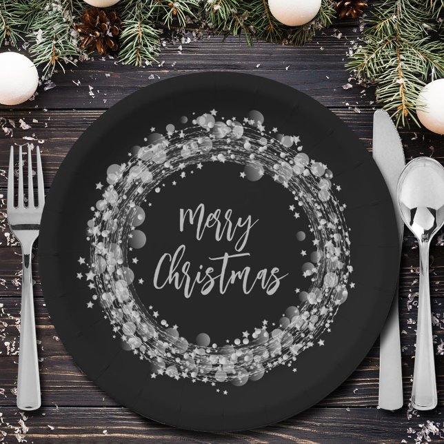 Silver Stars Merry Christmas Paper Plate (Silver Stars Merry Christmas on Black Paper Plates)