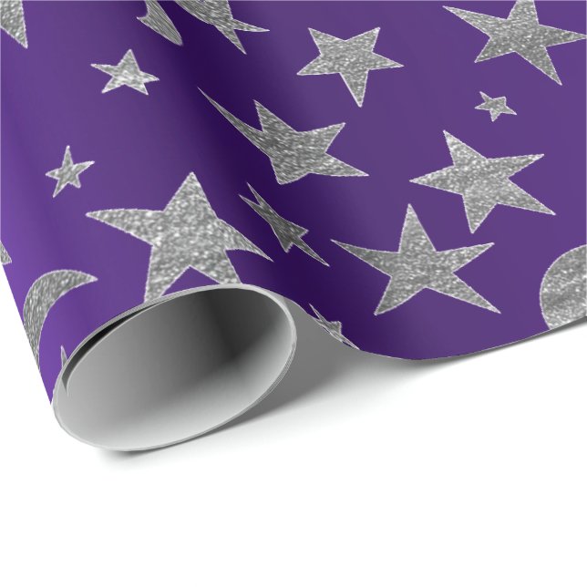 Silver Stars Moon Sky Metallic Purple Amethyst Wrapping Paper (Roll Corner)