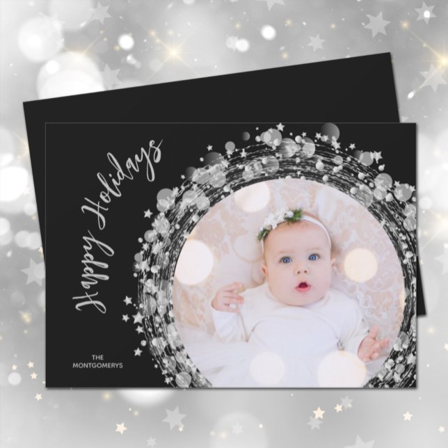 Silver Stars on Black Happy Holiday Card (Creator Uploaded)