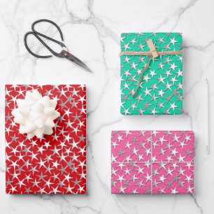 Silver Stars on Dark Red, Aqua and Fuchsia Pink Wrapping Paper Sheet