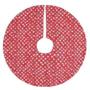 Silver stars on dark red brushed polyester tree skirt