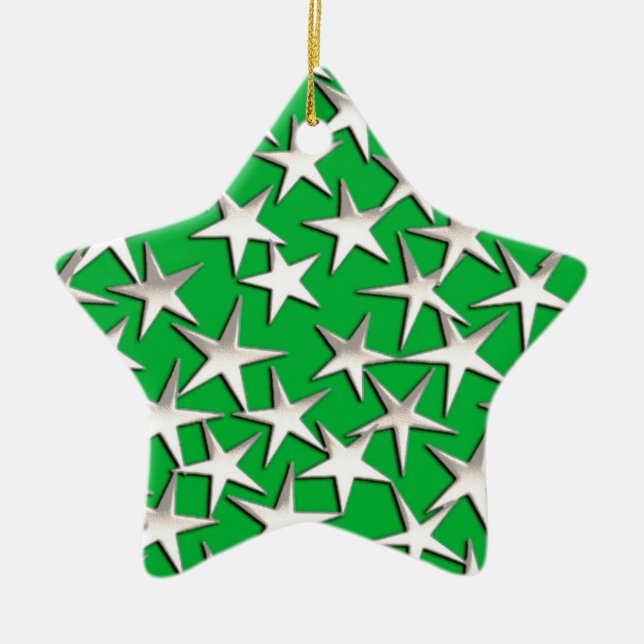 Silver stars on emerald green ceramic tree decoration (Front)