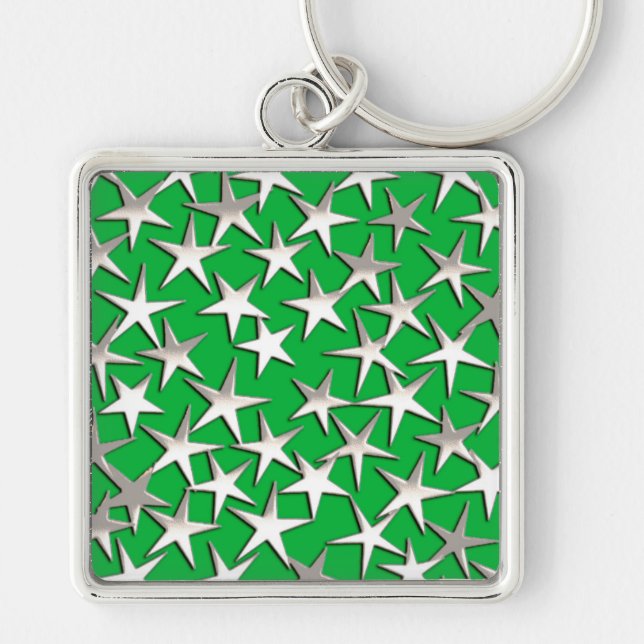 Silver stars on emerald green key ring (Front)