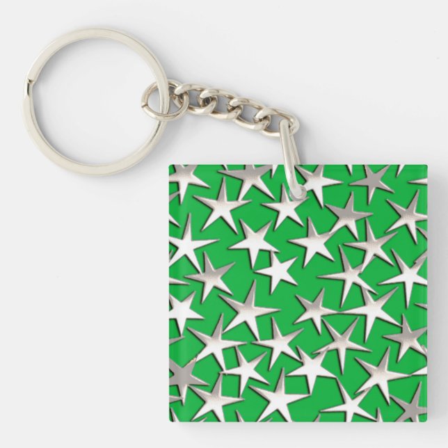 Silver stars on emerald green key ring (Front)