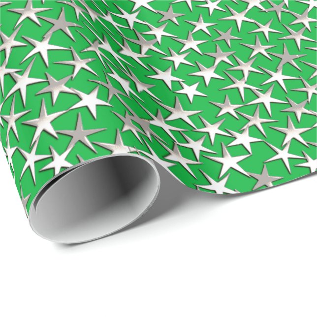 Silver stars on emerald green wrapping paper (Roll Corner)