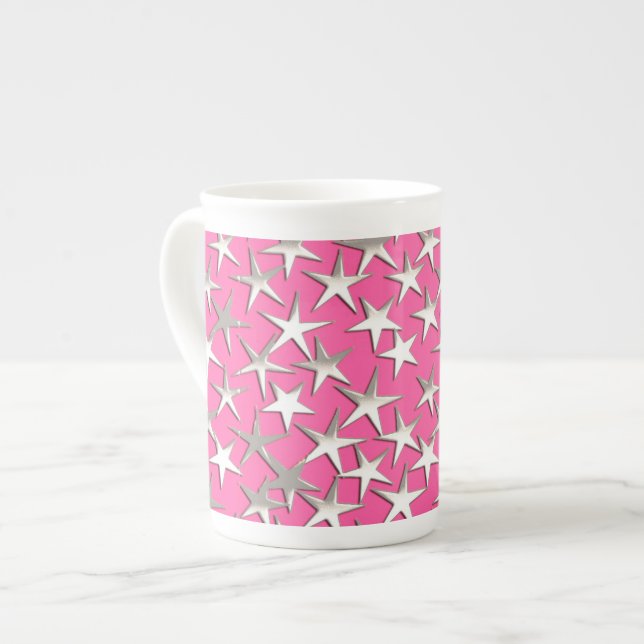 Silver stars on fuchsia pink bone china mug (Front Left)