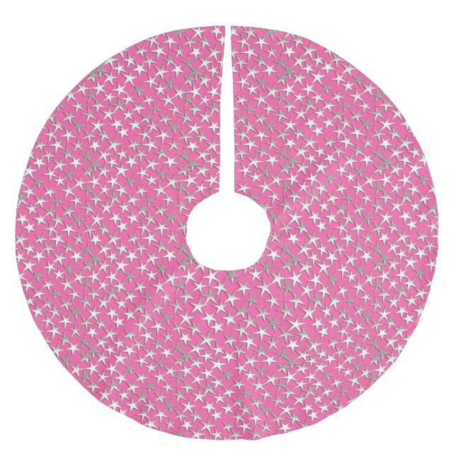 Silver stars on fuchsia pink brushed polyester tree skirt (Front)
