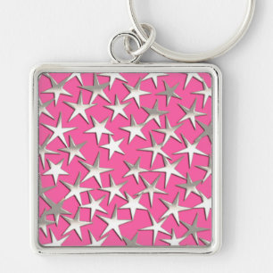 Silver stars on fuchsia pink key ring