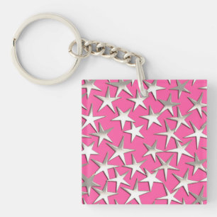 Silver stars on fuchsia pink key ring