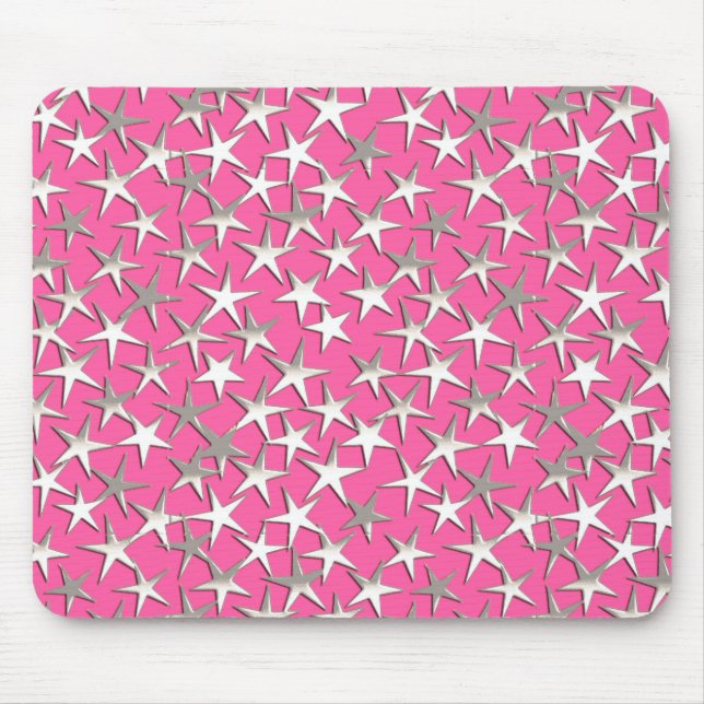 Silver stars on fuchsia pink mouse mat (Front)