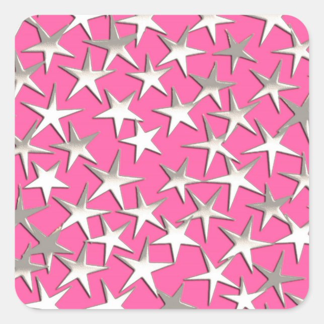 Silver stars on fuchsia pink square sticker (Front)