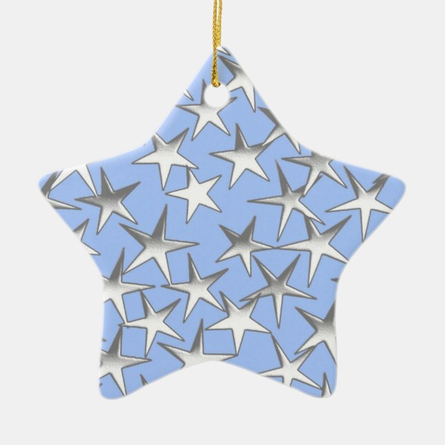 Silver stars, on pale blue ceramic tree decoration (Front)