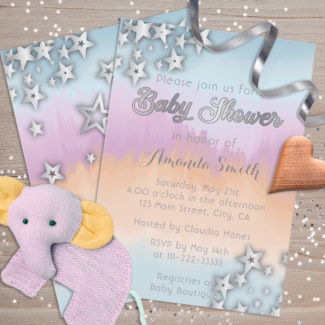 Silver Stars On Pastel Ombre Baby Shower Invitation (Creator Uploaded)