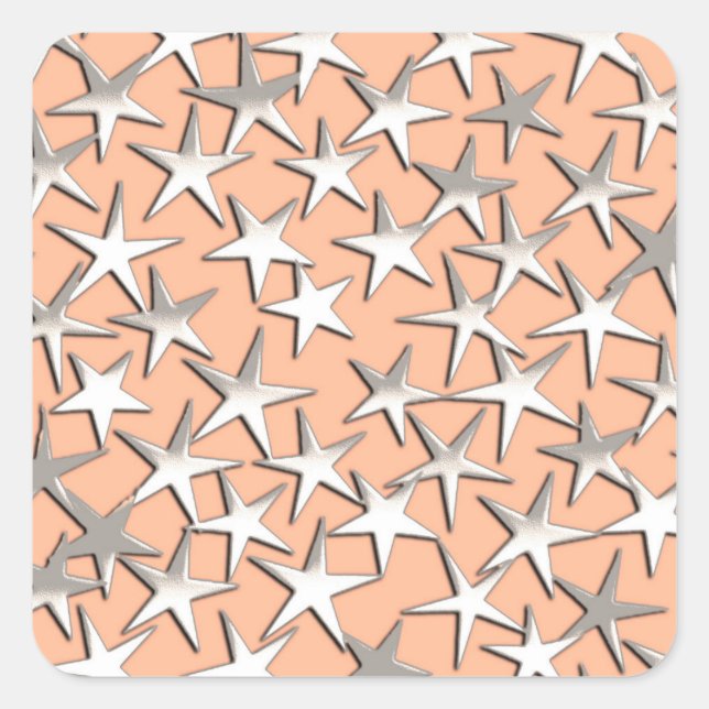 Silver stars on peach pink square sticker (Front)