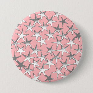 Silver stars, on shell pink 7.5 cm round badge