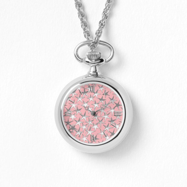 Silver stars, on shell pink watch (Front)