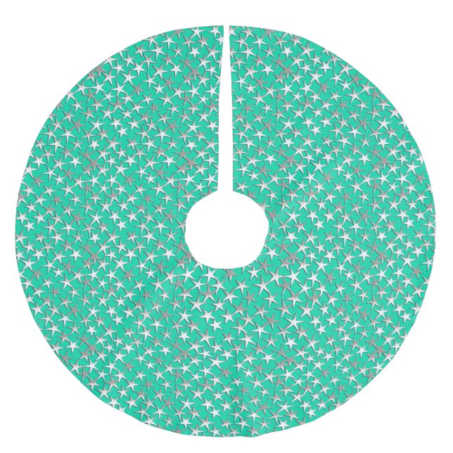 Silver stars on turquoise brushed polyester tree skirt (Front)
