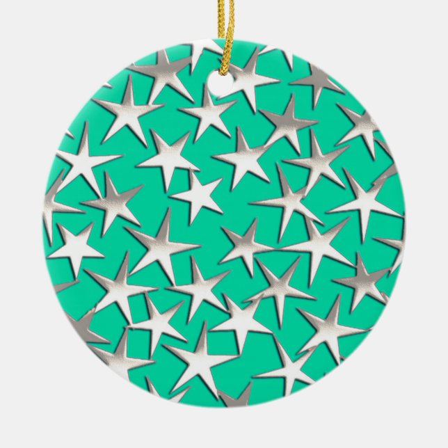 Silver stars on turquoise ceramic tree decoration (Front)