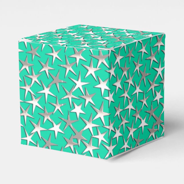 Silver stars on turquoise favour box (Front Side)