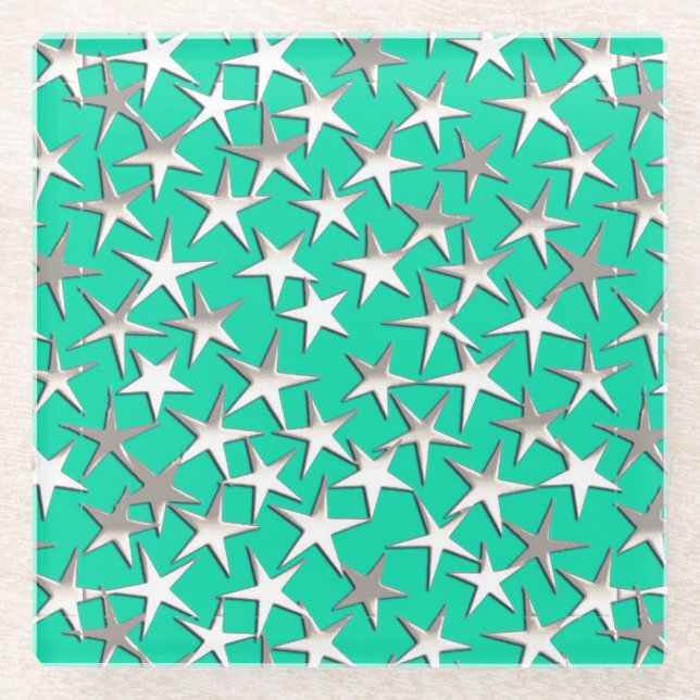 Silver stars on turquoise glass coaster (Front)