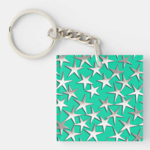 Silver stars on turquoise key ring
