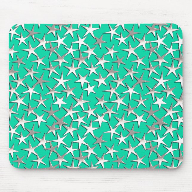 Silver stars on turquoise mouse mat (Front)