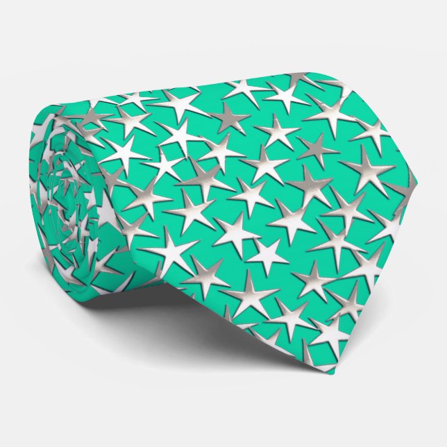 Silver stars on turquoise tie (Rolled)