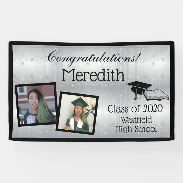 Silver Stars Personalised Two Photo Graduation Banner (Horizontal)