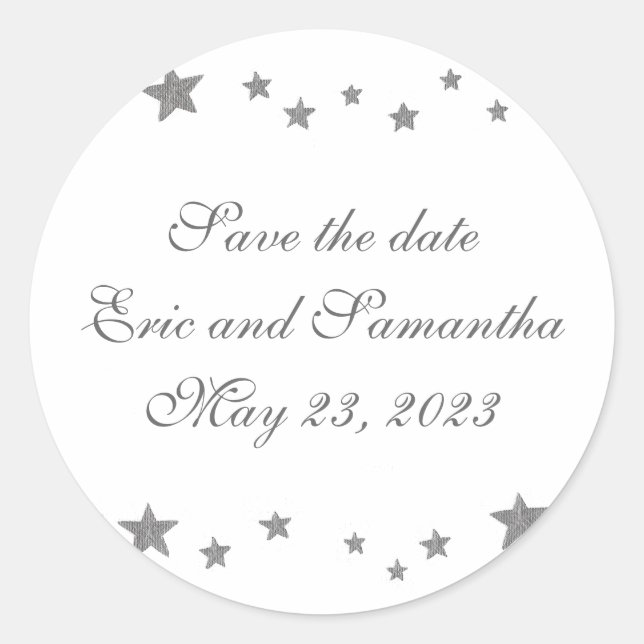 Silver Stars, Save the date stickers, weddings Classic Round Sticker (Front)