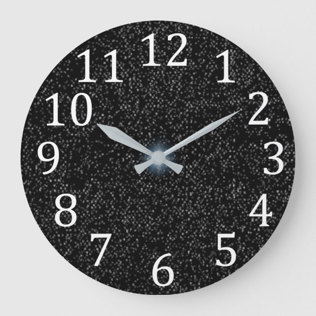 Silver Stars Speckles on Black White Numbers Clock (Front)