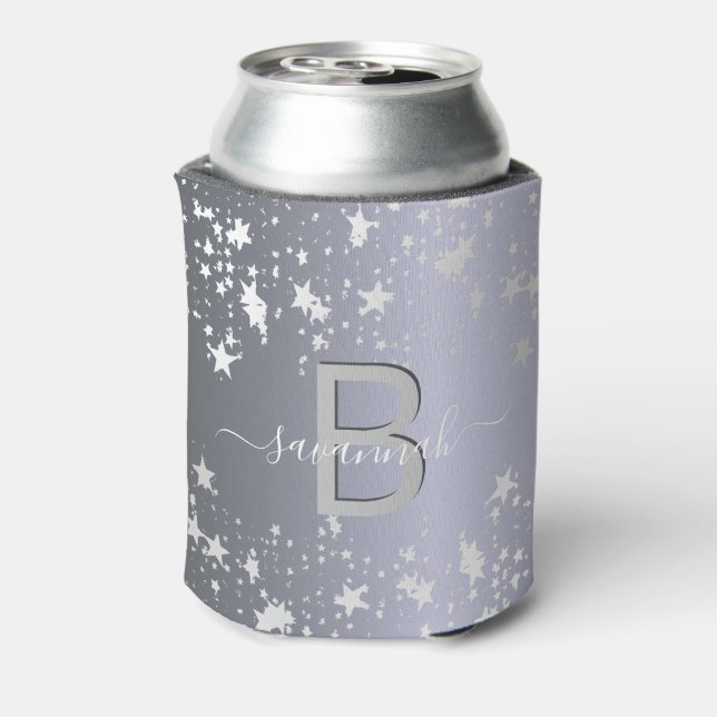 Silver stars white monogram name can cooler (Can Back)