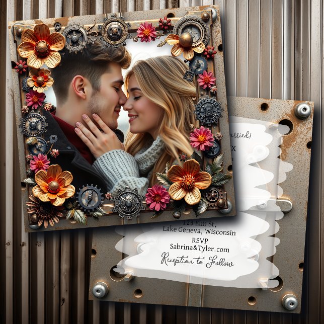 Silver Steampunk Metal Flowers Wedding Invitation (Creator Uploaded)
