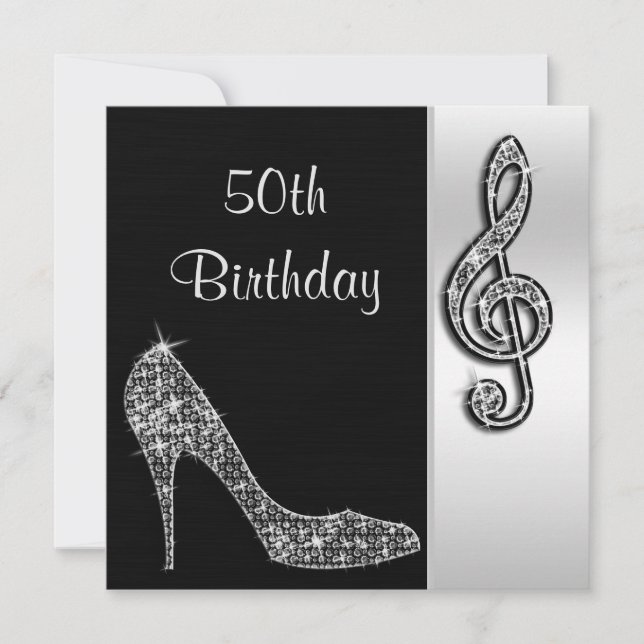 Silver Stiletto & Treble Cleft 50th Birthday Invitation (Front)