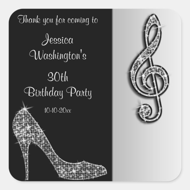 Silver Stiletto & Treble Cleft Birthday Thank You Square Sticker (Front)