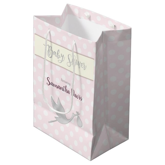 Silver Stork Baby Girl Baby Shower Medium Gift Bag (Front Angled)
