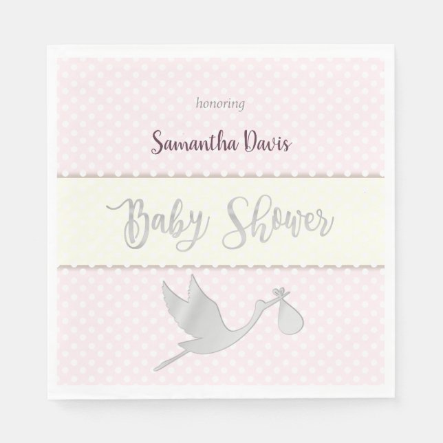 Silver Stork Baby Girl Baby Shower Napkin (Front)
