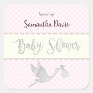 Silver Stork Baby Girl Baby Shower Square Sticker