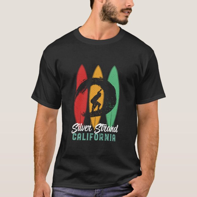 Silver Strand California Beach Retro Surfing T-Shirt (Front)